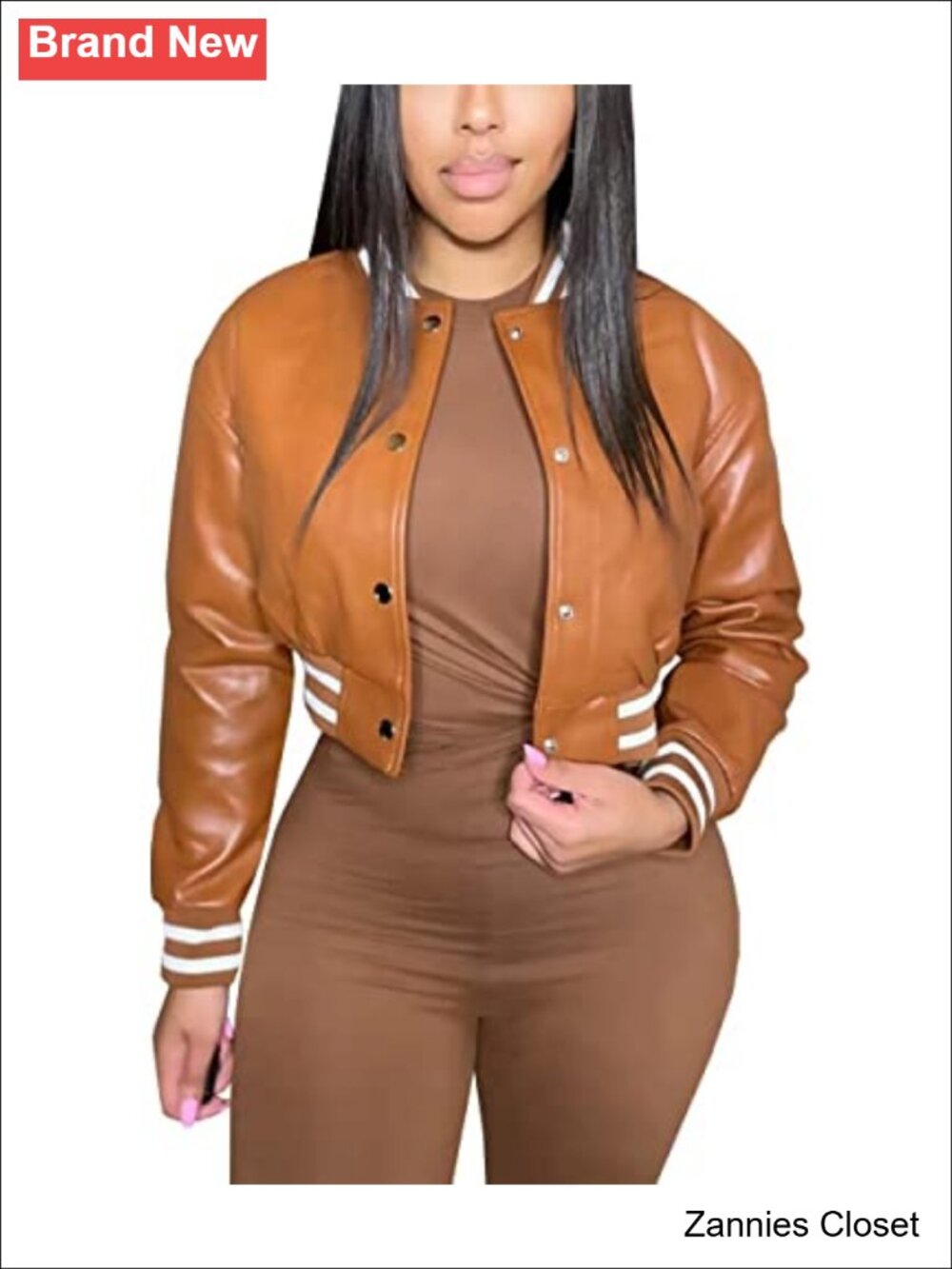 ✨ Mintsnow Cropped Bomber Jacket Varsity Faux Leather Snap Button Down Baseball